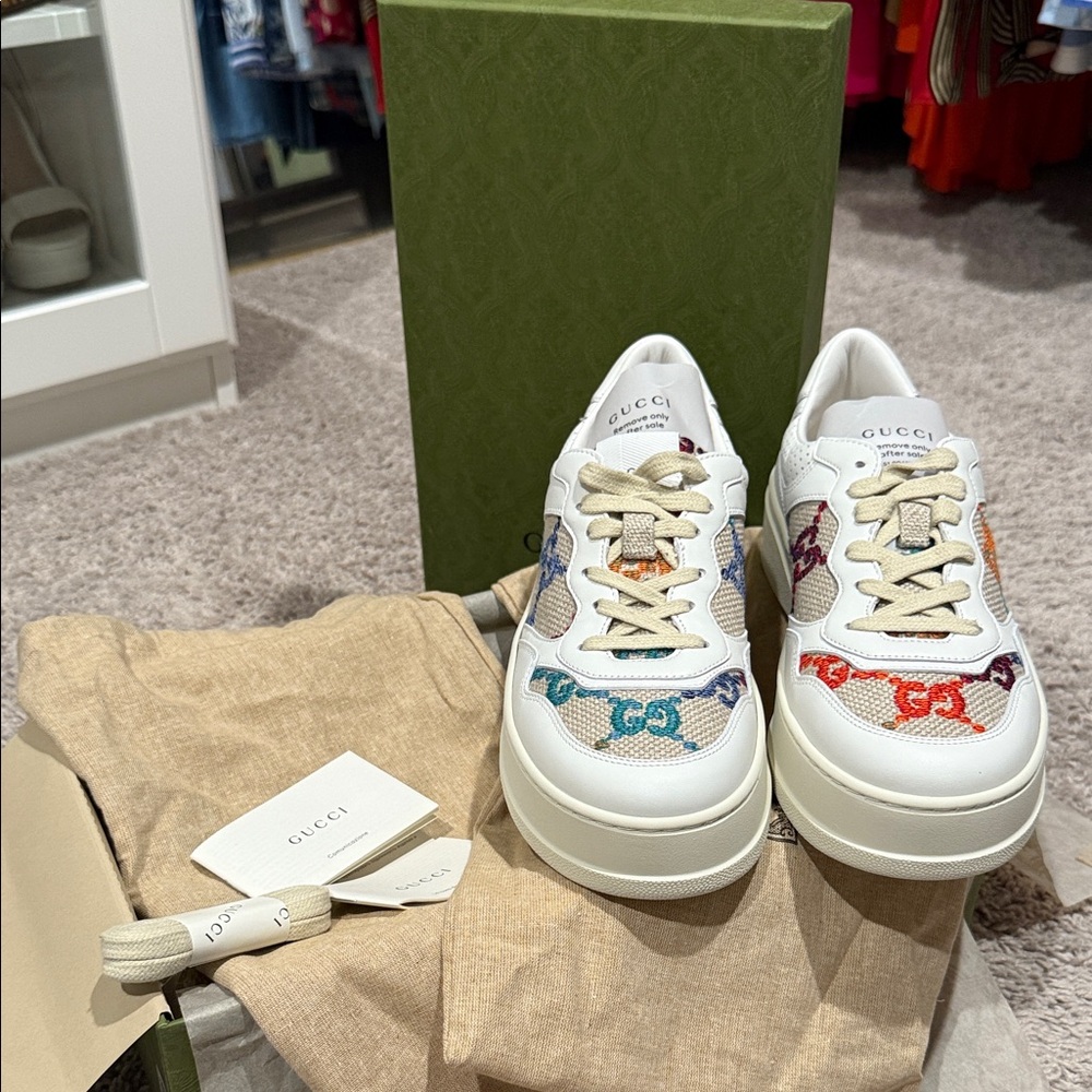 Gucci White Sneakers with Colorful Logo Accents